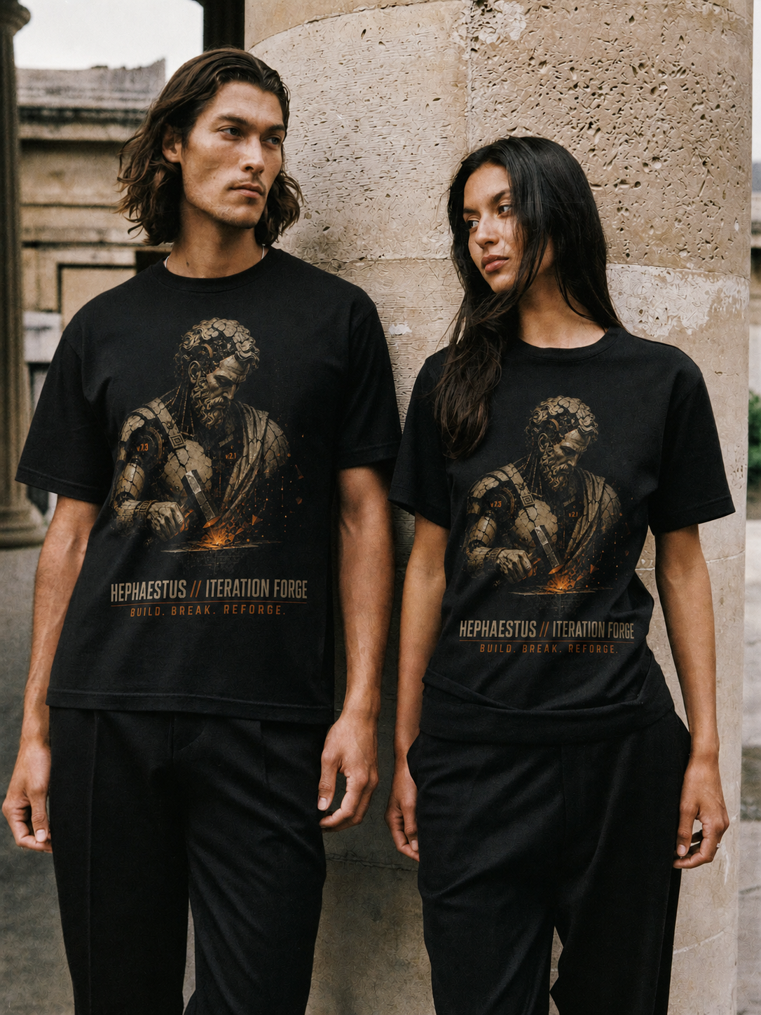 Hephaestus Iteration Forge black T-shirt — couple Athens lifestyle view 2