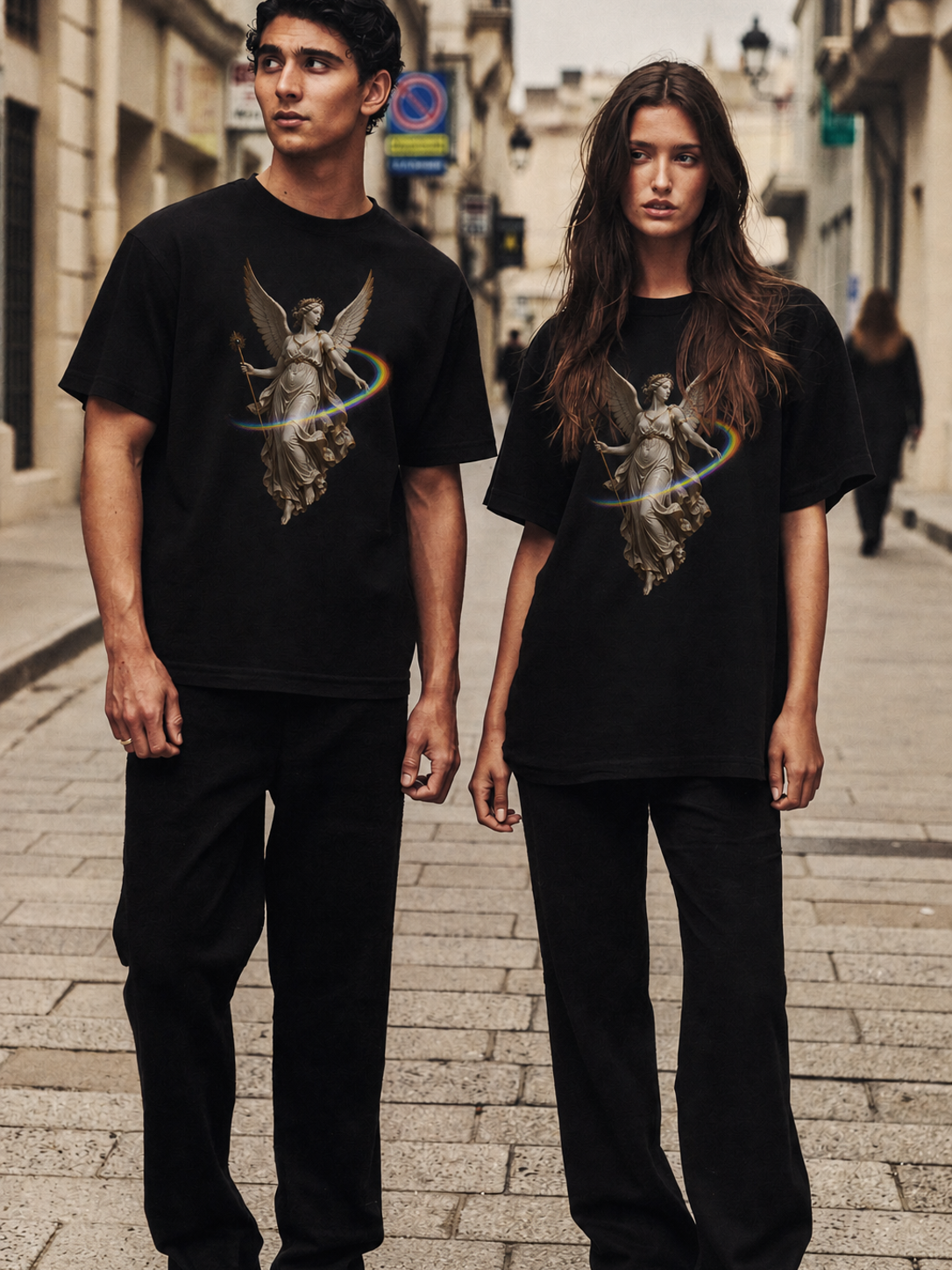 Iris Prism Arc black T-shirt — couple Athens lifestyle shot 06