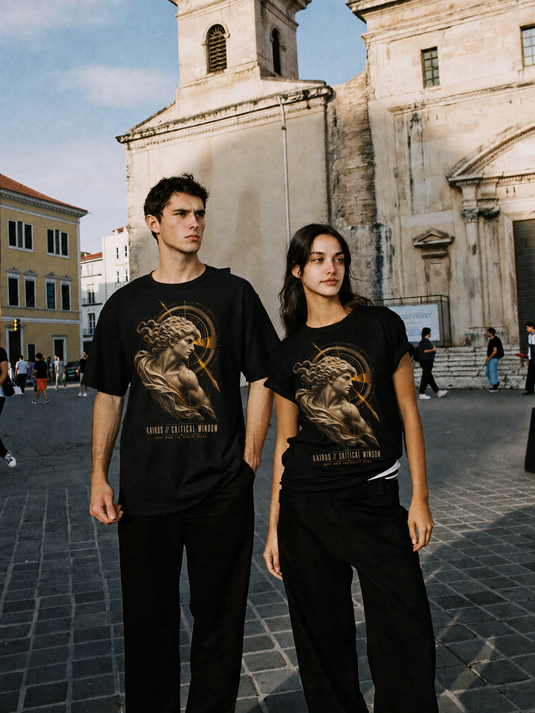 Kairos Critical Window black T-shirt — couple Athens lifestyle shot 06