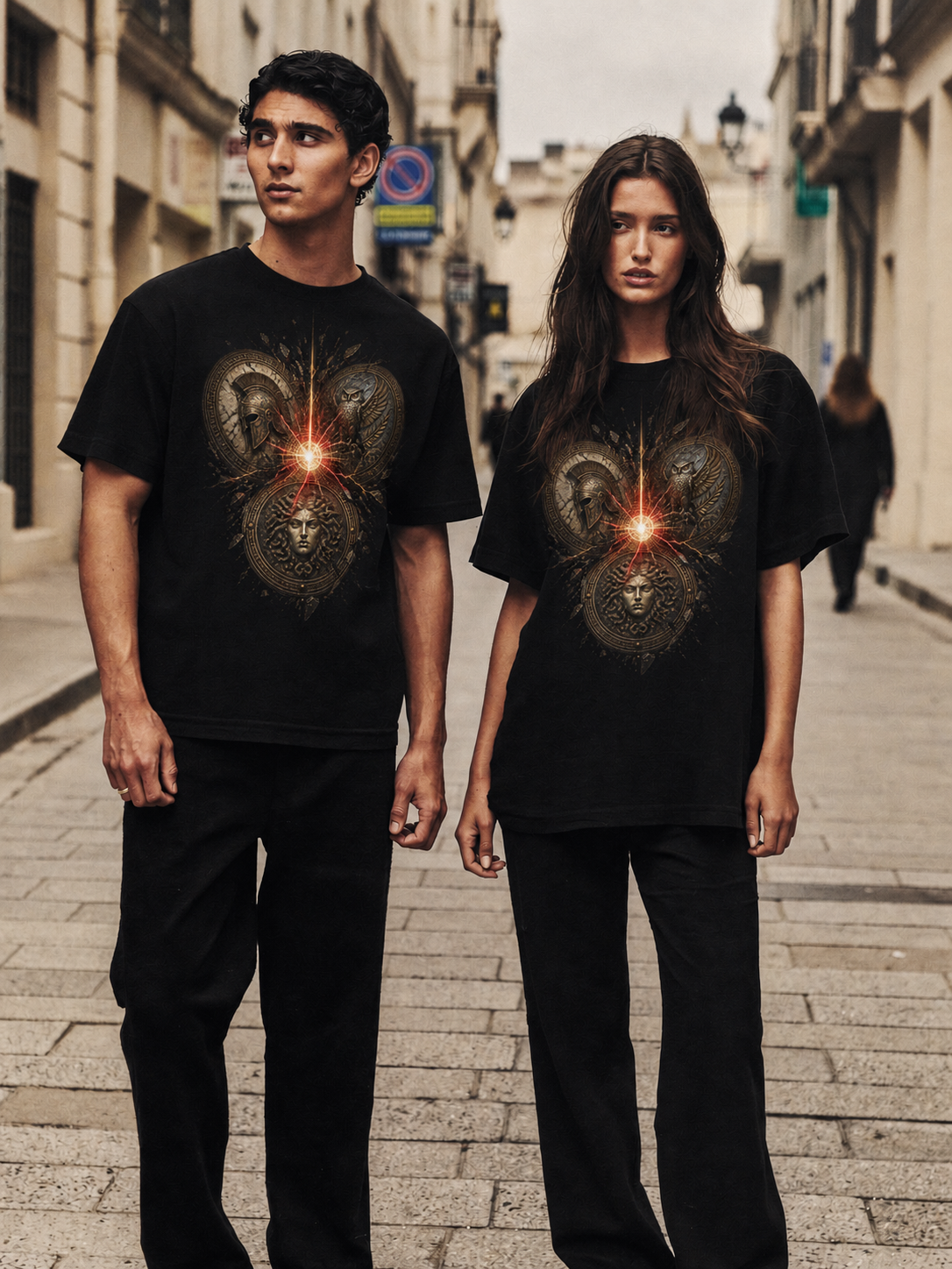 Kouretes Shield Circle black T-shirt — couple Athens lifestyle shot 06