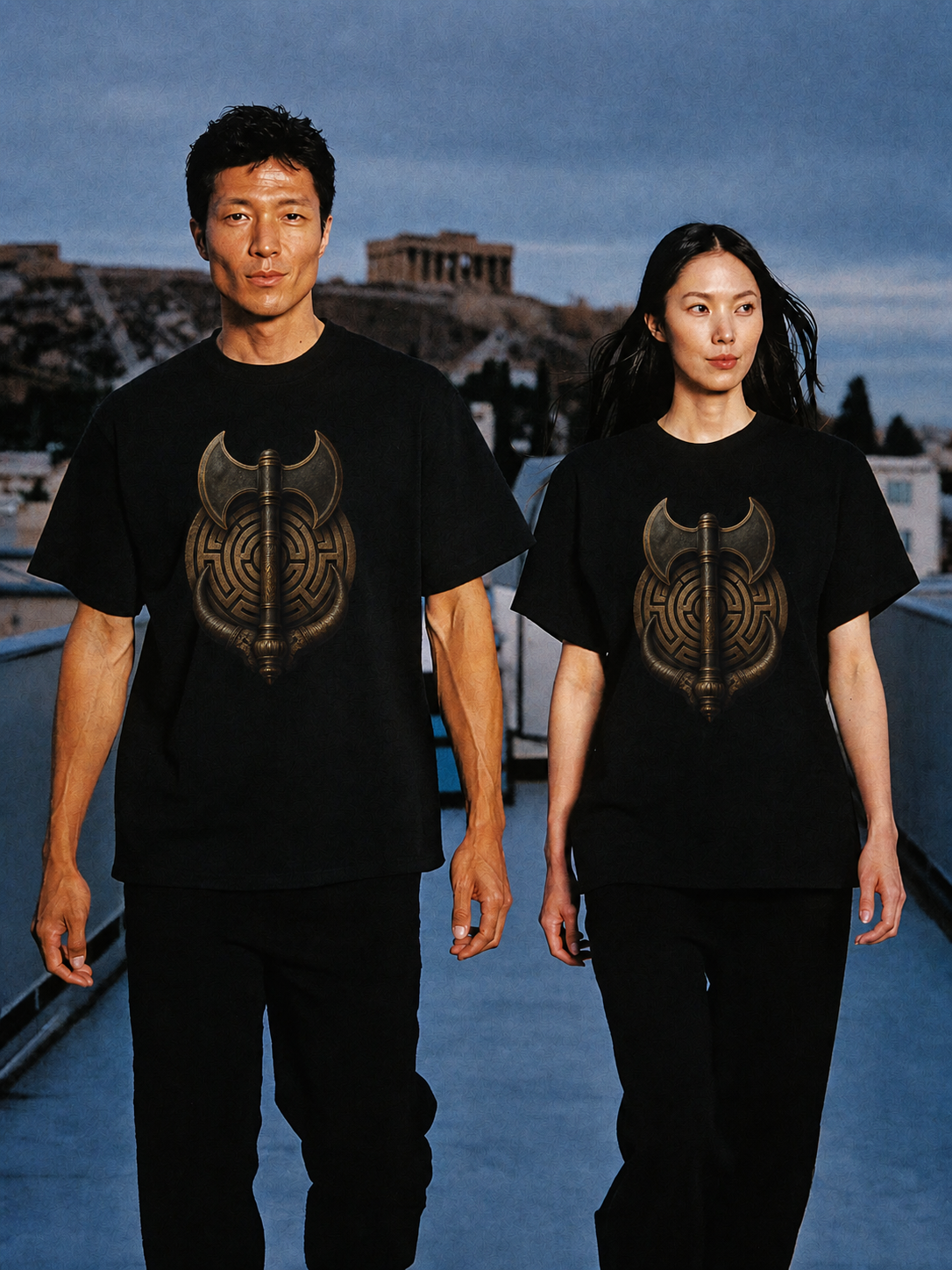 Labrys of Knossos black T-shirt — couple Athens lifestyle shot 06
