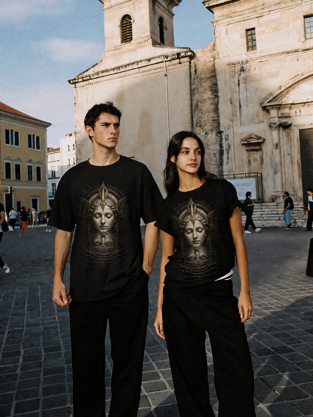Lethe Vanishing Reflection black T-shirt — couple Athens lifestyle shot 06
