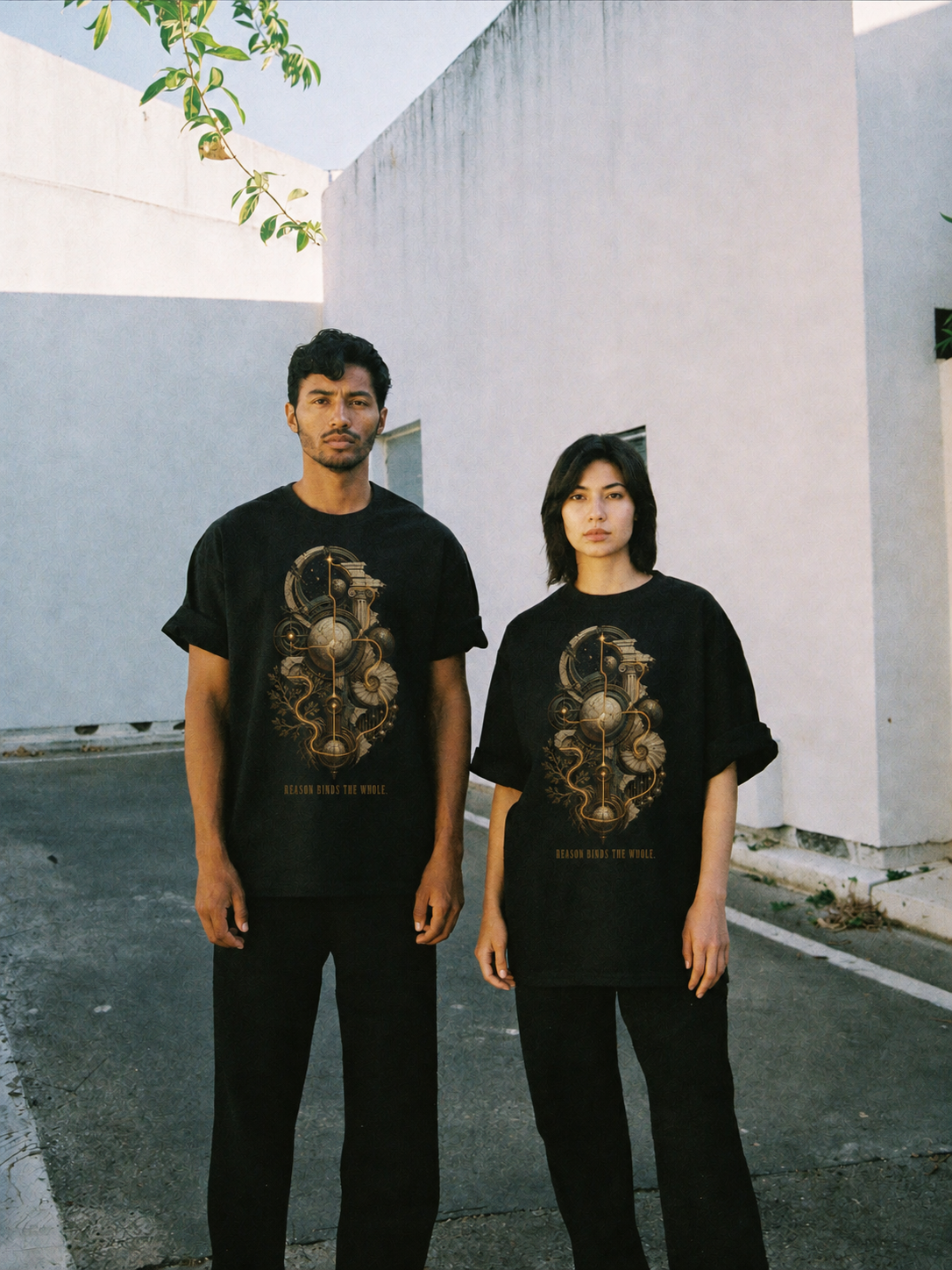 Logos Coherent Order black T-shirt — couple Athens lifestyle shot 06