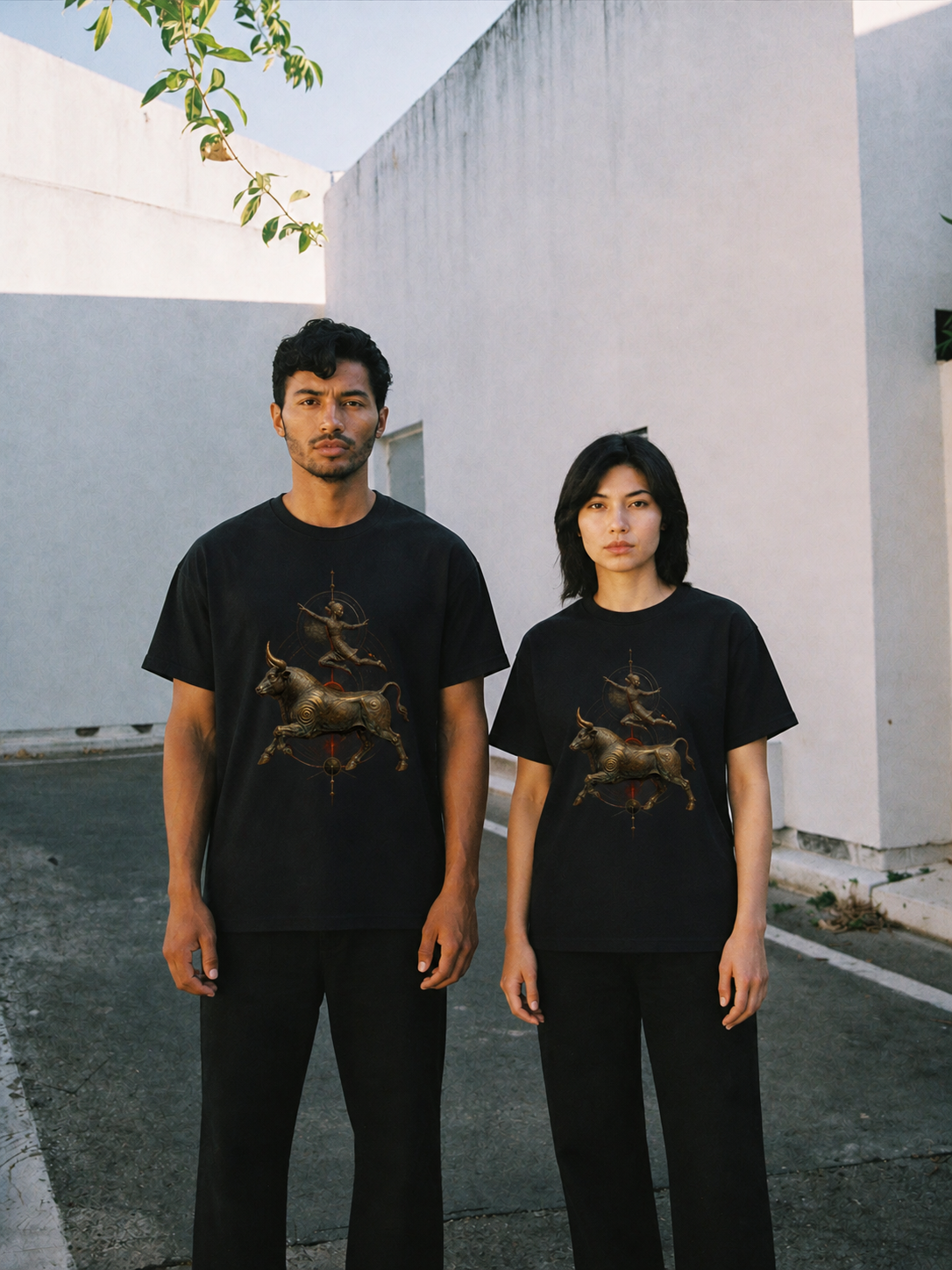 Minoan Bull Leap black T-shirt — couple Athens lifestyle shot 06
