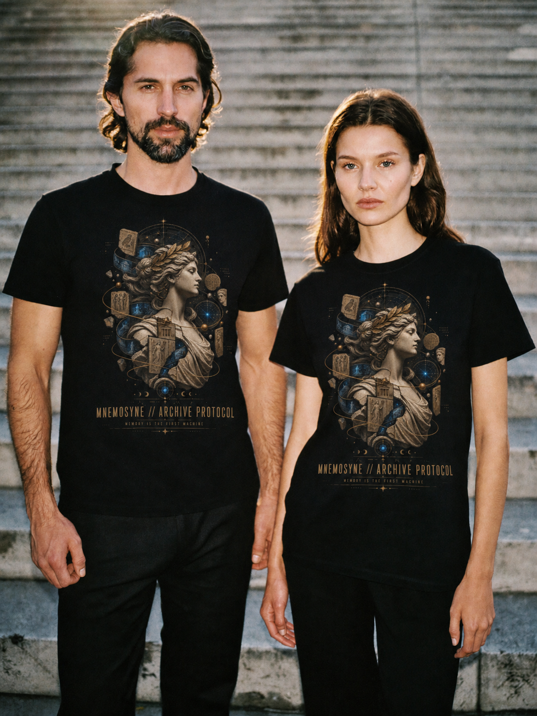 Mnemosyne Archive Protocol black T-shirt — couple Athens lifestyle shot 06