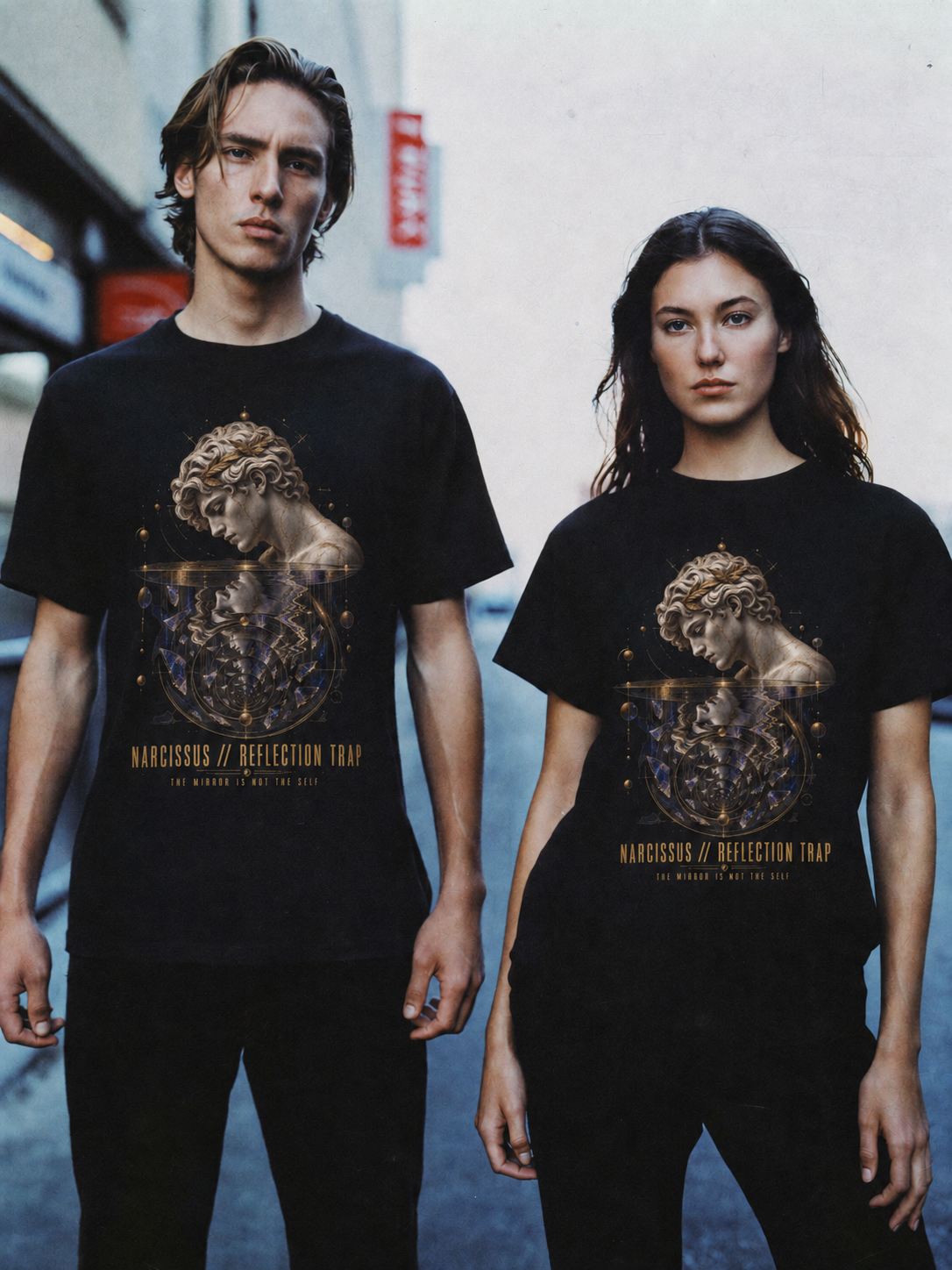 Narcissus Reflection Trap black T-shirt — couple Athens lifestyle shot 06