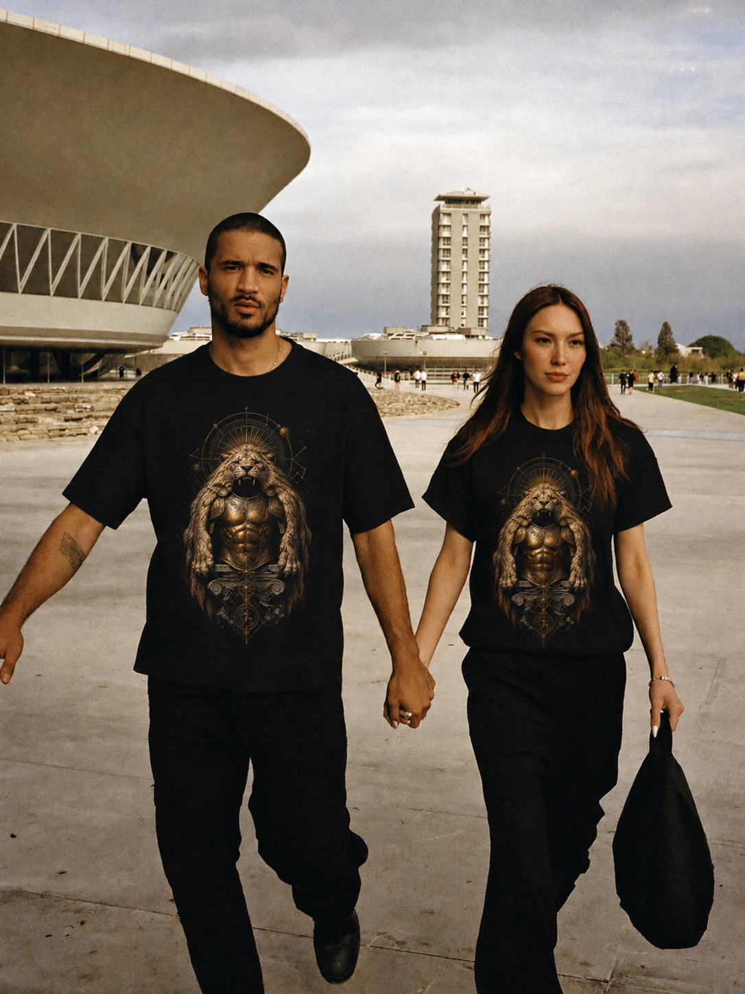Nemean Lion Mantle black T-shirt — couple Athens lifestyle shot 06