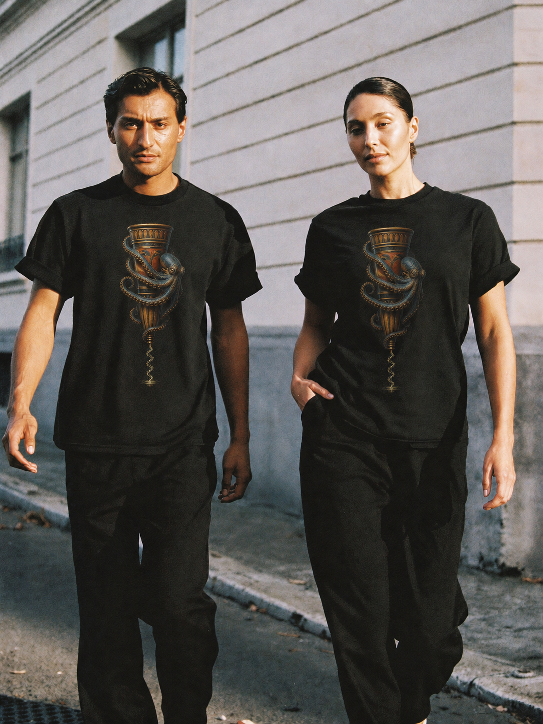 Octopus Rhyton T-Shirt — couple lifestyle scene 2 in Athens