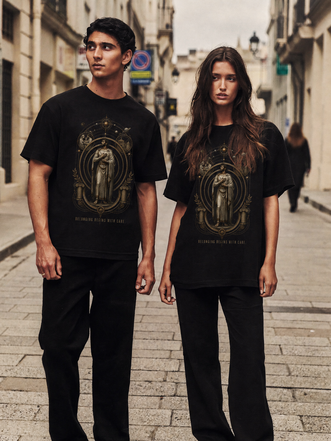 Oikeiosis Expanding Circle black T-shirt — couple Athens lifestyle shot 06