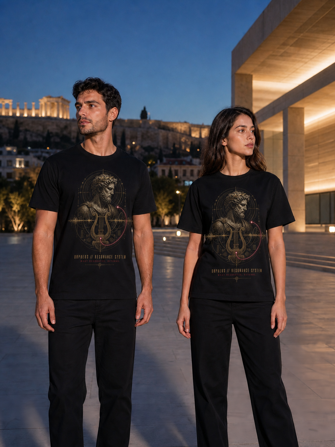 Orpheus Resonance System black T-shirt — couple Athens lifestyle shot 06