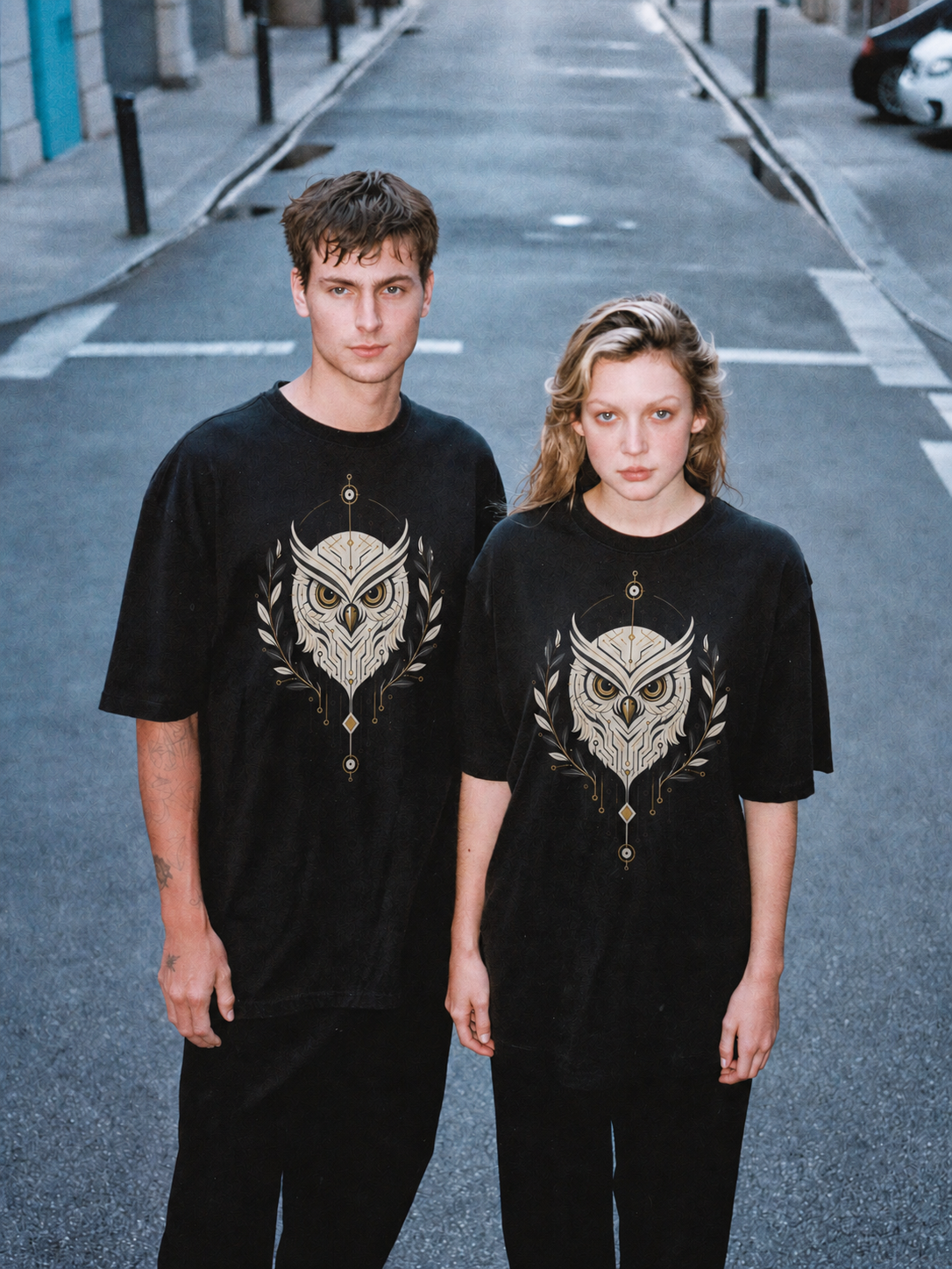 Owl of Wisdom black T-shirt — couple Athens lifestyle view 2