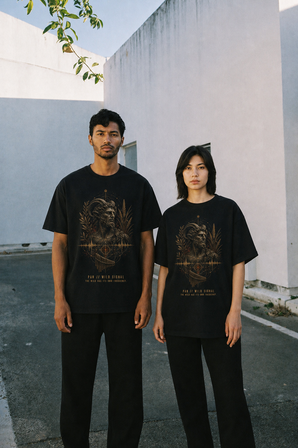 Pan Wild Signal black T-shirt — couple Athens lifestyle shot 06