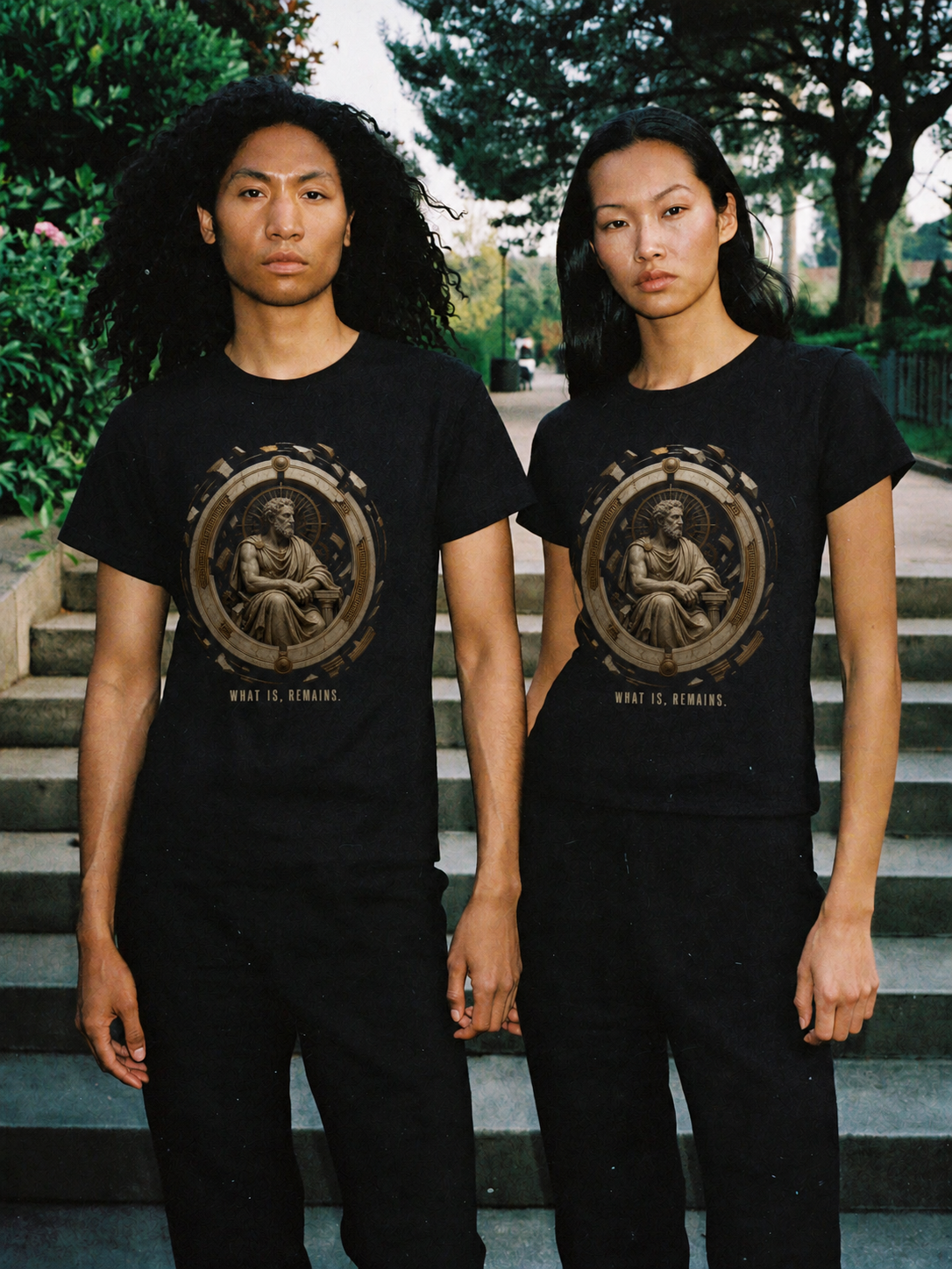Parmenides Being State black T-shirt — couple Athens lifestyle shot 06