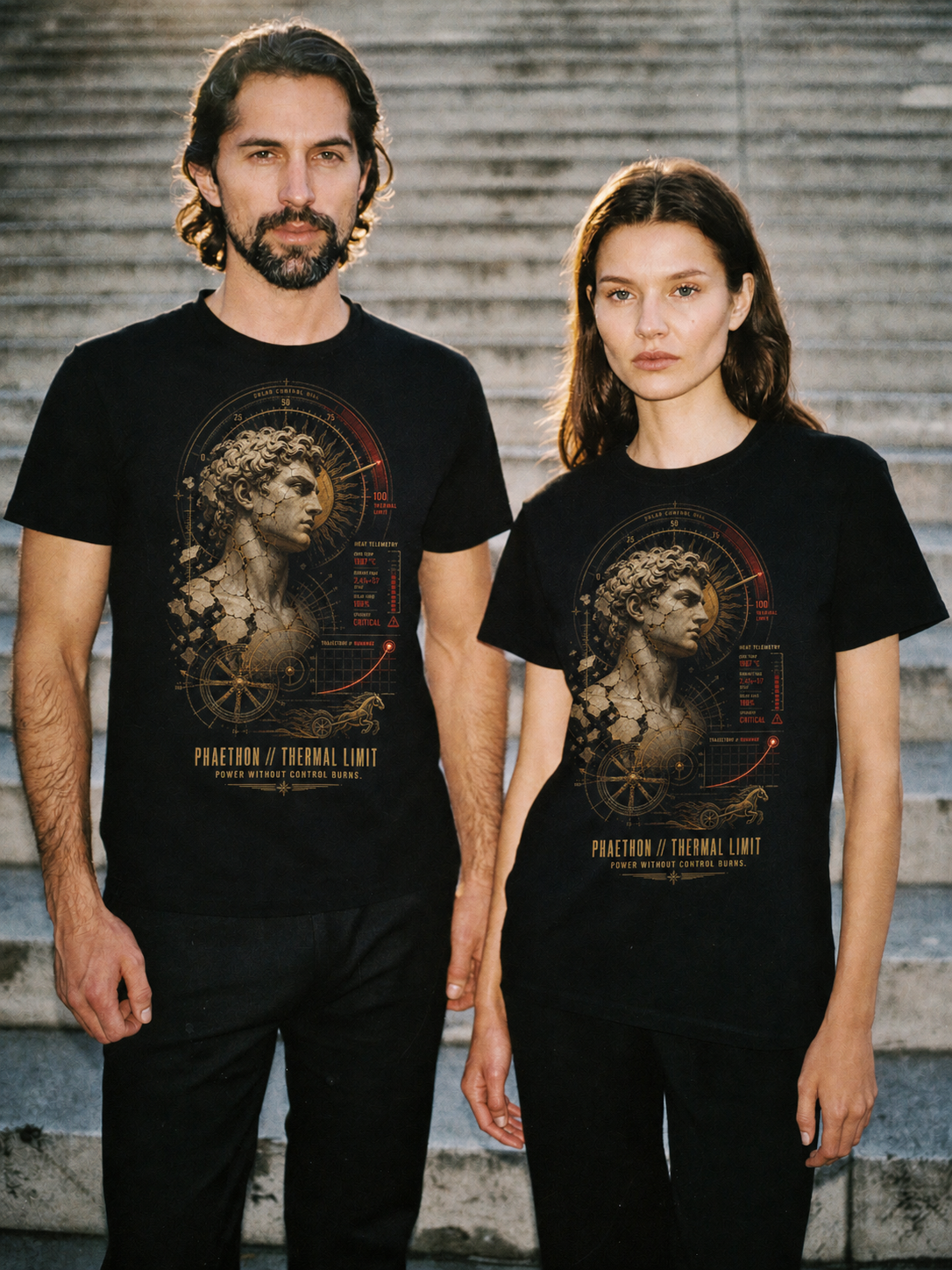 Phaethon Thermal Limit black T-shirt — couple Athens lifestyle shot 06