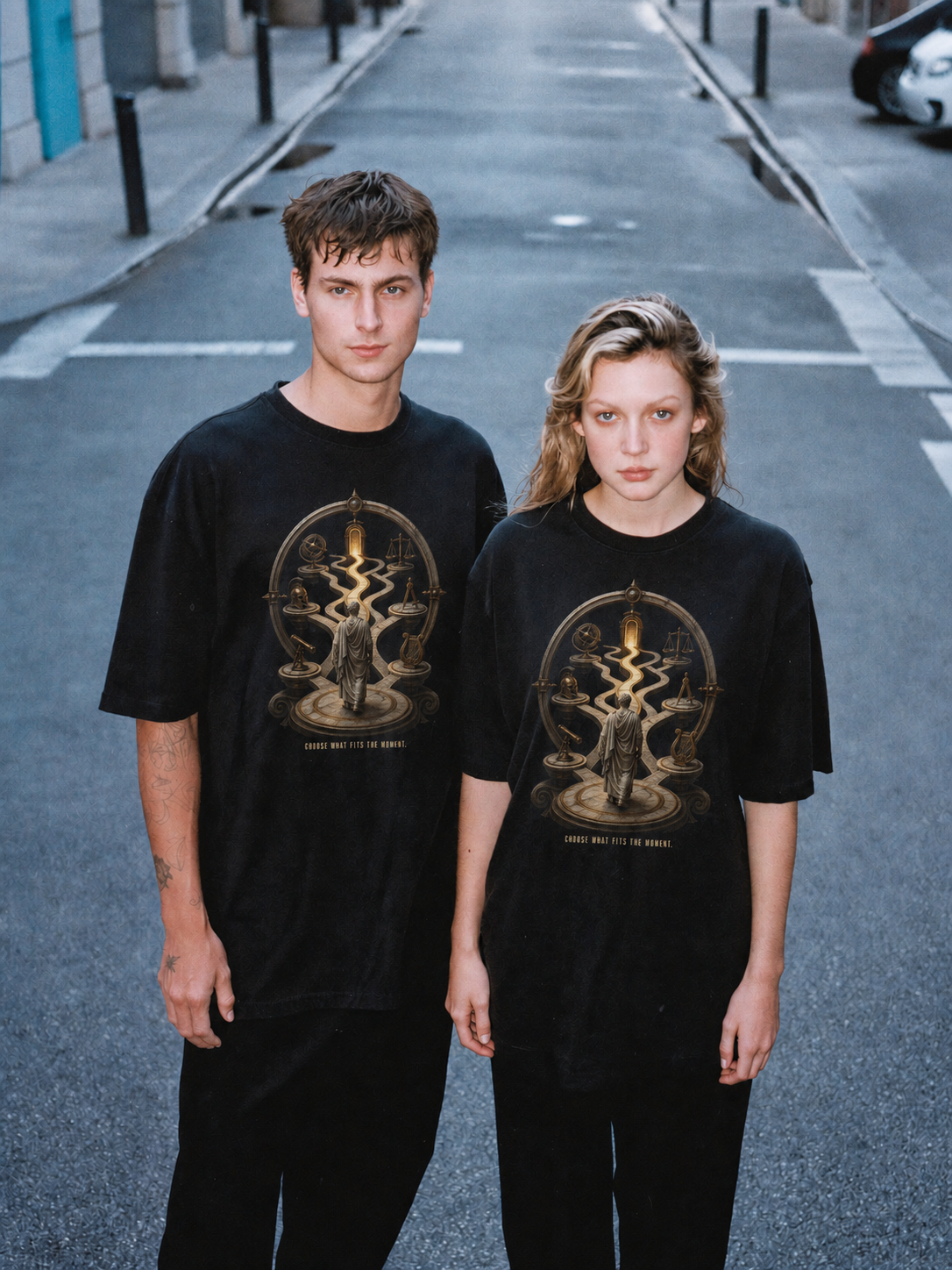Phronesis Practical Wisdom black T-shirt — couple Athens lifestyle shot 06