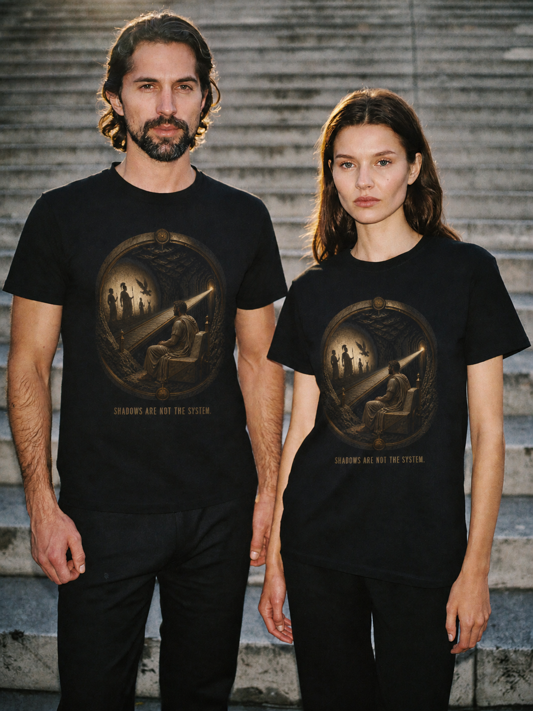 Plato Cave Protocol black T-shirt — couple Athens lifestyle shot 06