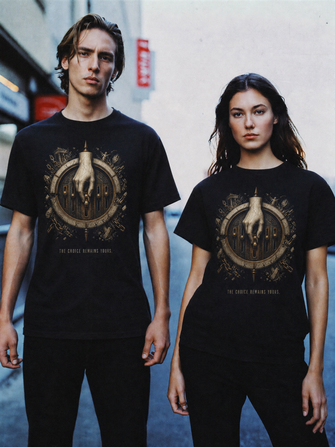 Prohairesis Inner Command black T-shirt — couple Athens lifestyle shot 06