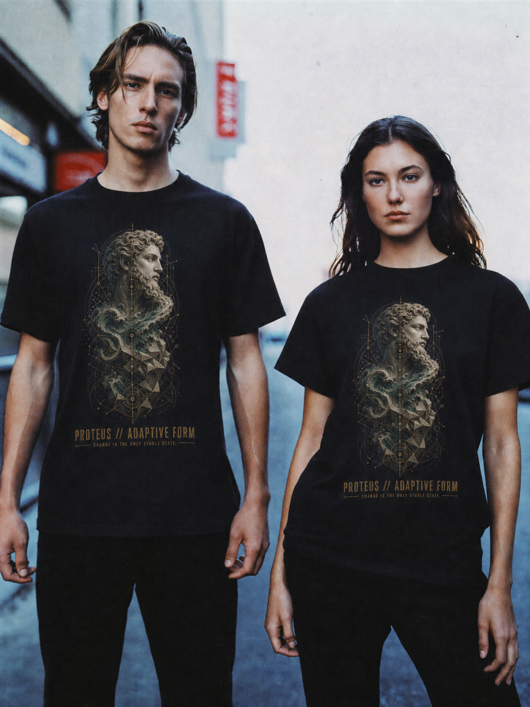 Proteus Adaptive Form black T-shirt — couple Athens lifestyle shot 06