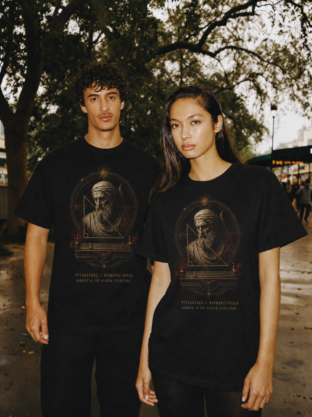 Pythagoras Harmonic Order black T-shirt — couple Athens lifestyle shot 06