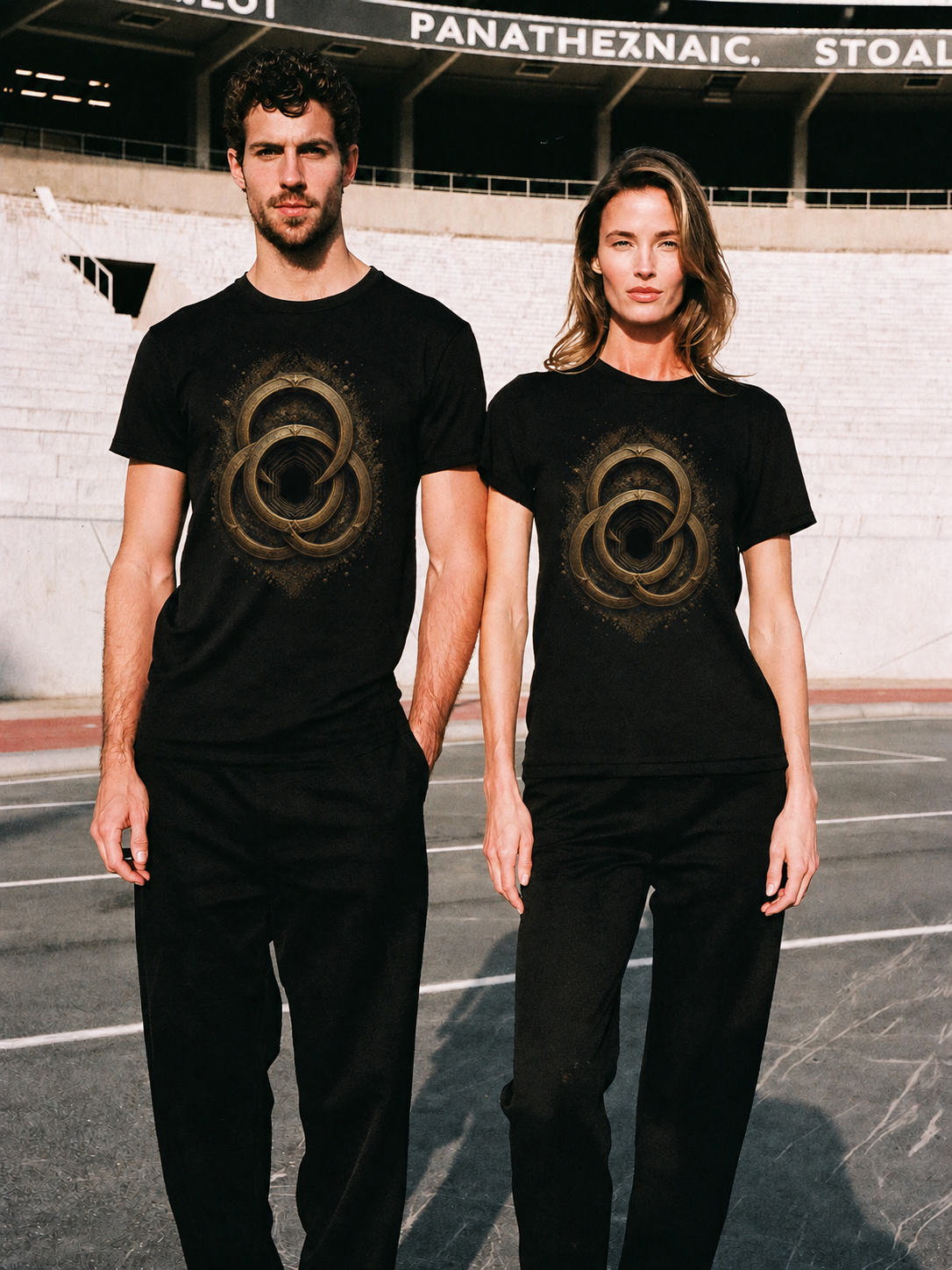 Samothrace Ring Portal black T-shirt — couple Athens lifestyle shot 06