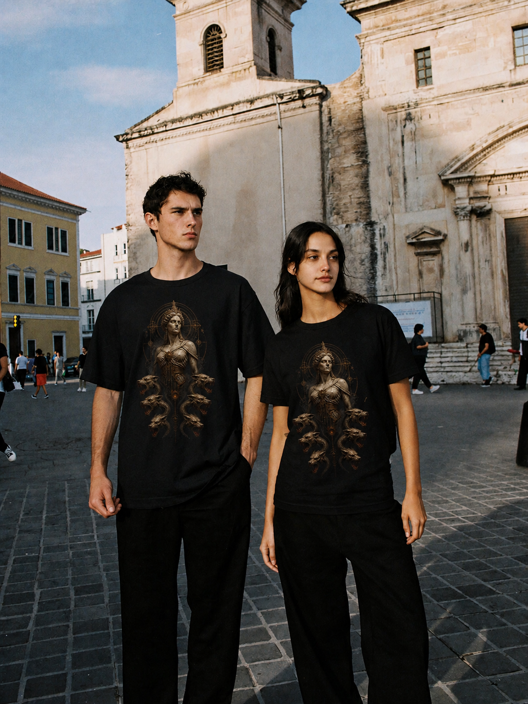 Scylla Below the Strait black T-shirt — couple Athens lifestyle shot 06