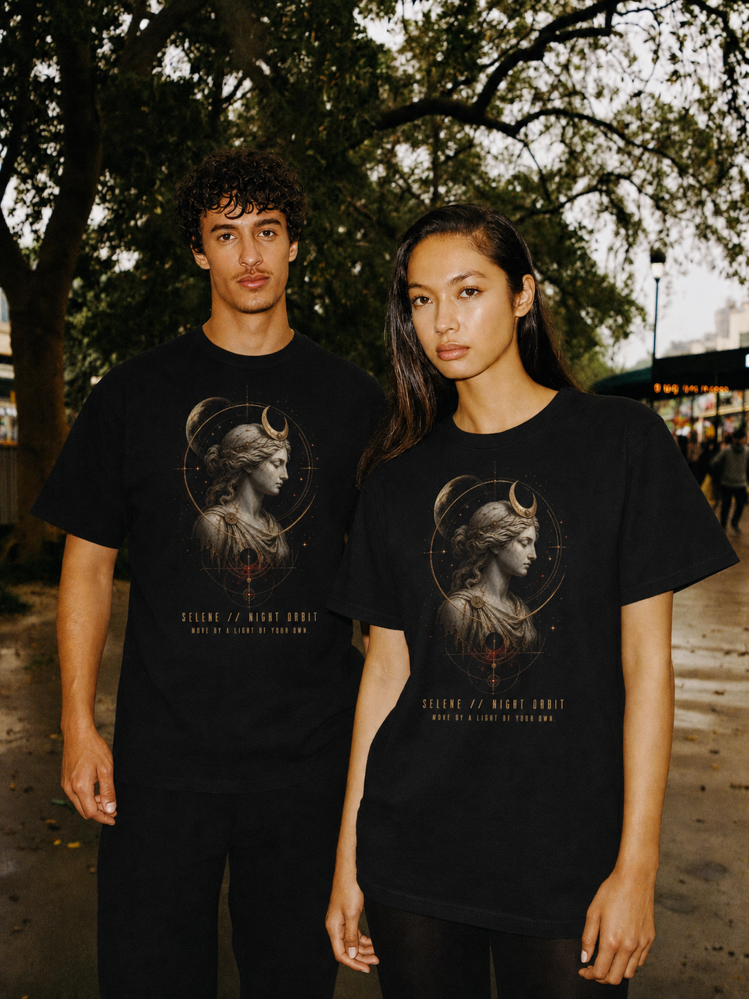 Selene Night Orbit black T-shirt — couple Athens lifestyle shot 06