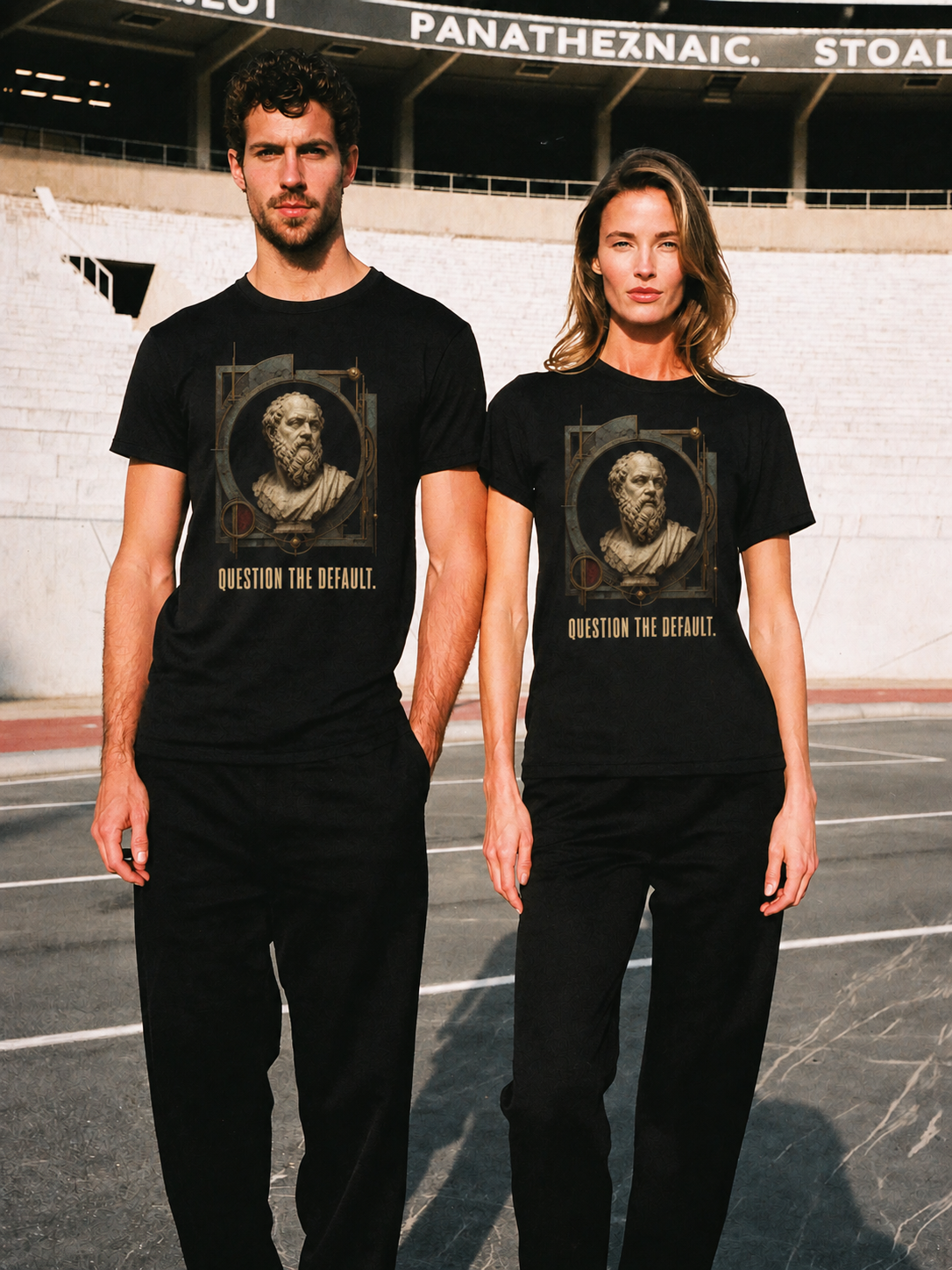 Socrates Examined Life black T-shirt — couple Athens lifestyle shot 06