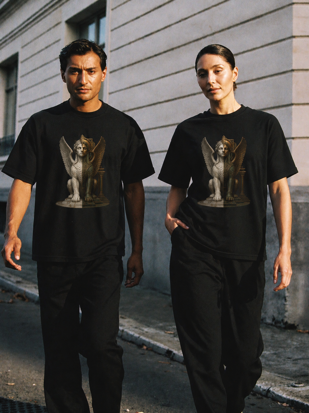 Sphinx Gate black T-shirt — couple Athens lifestyle shot 06