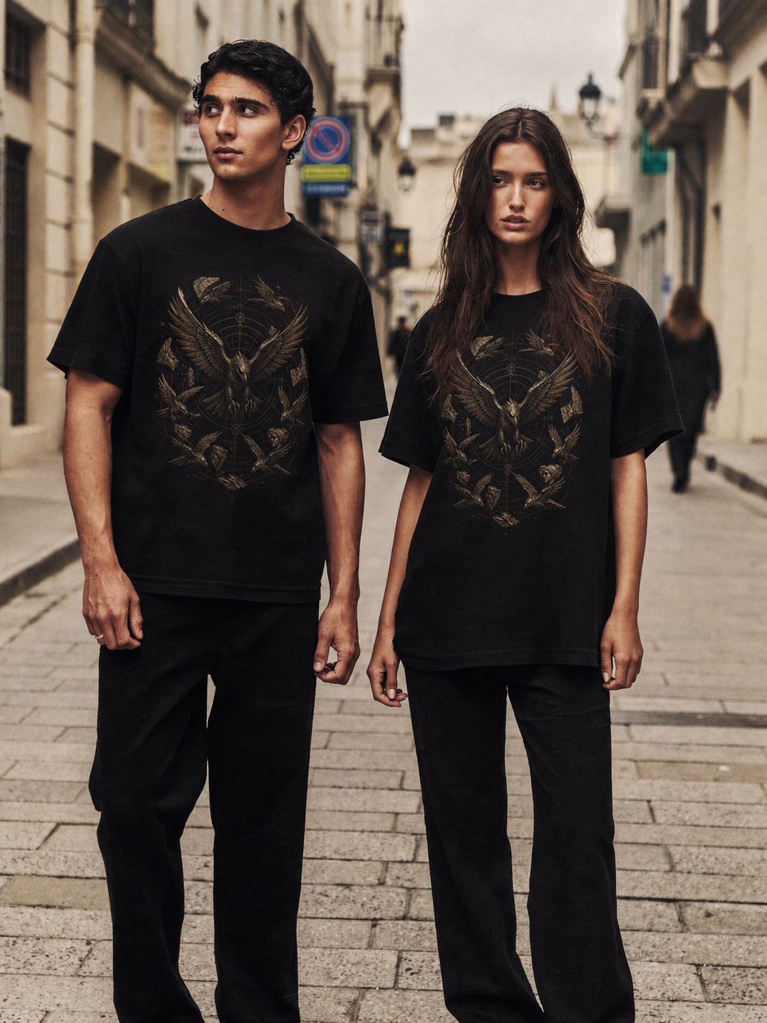 Stymphalian Metal Flock black T-shirt — couple Athens lifestyle shot 06