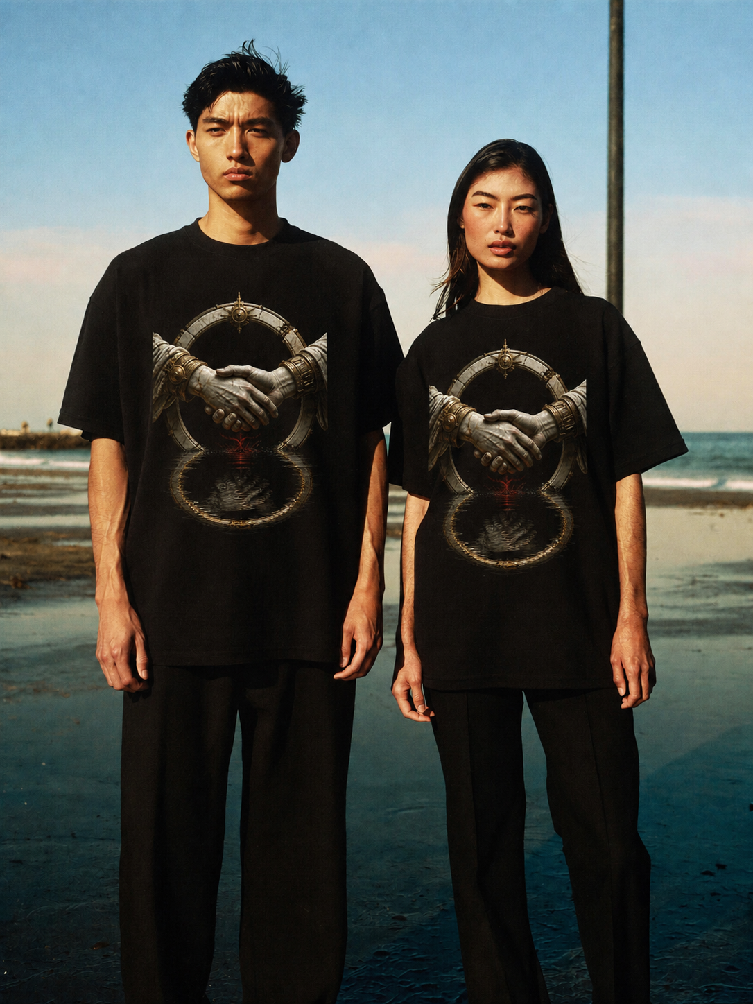 Styx Oath Current black T-shirt — couple Athens lifestyle shot 06