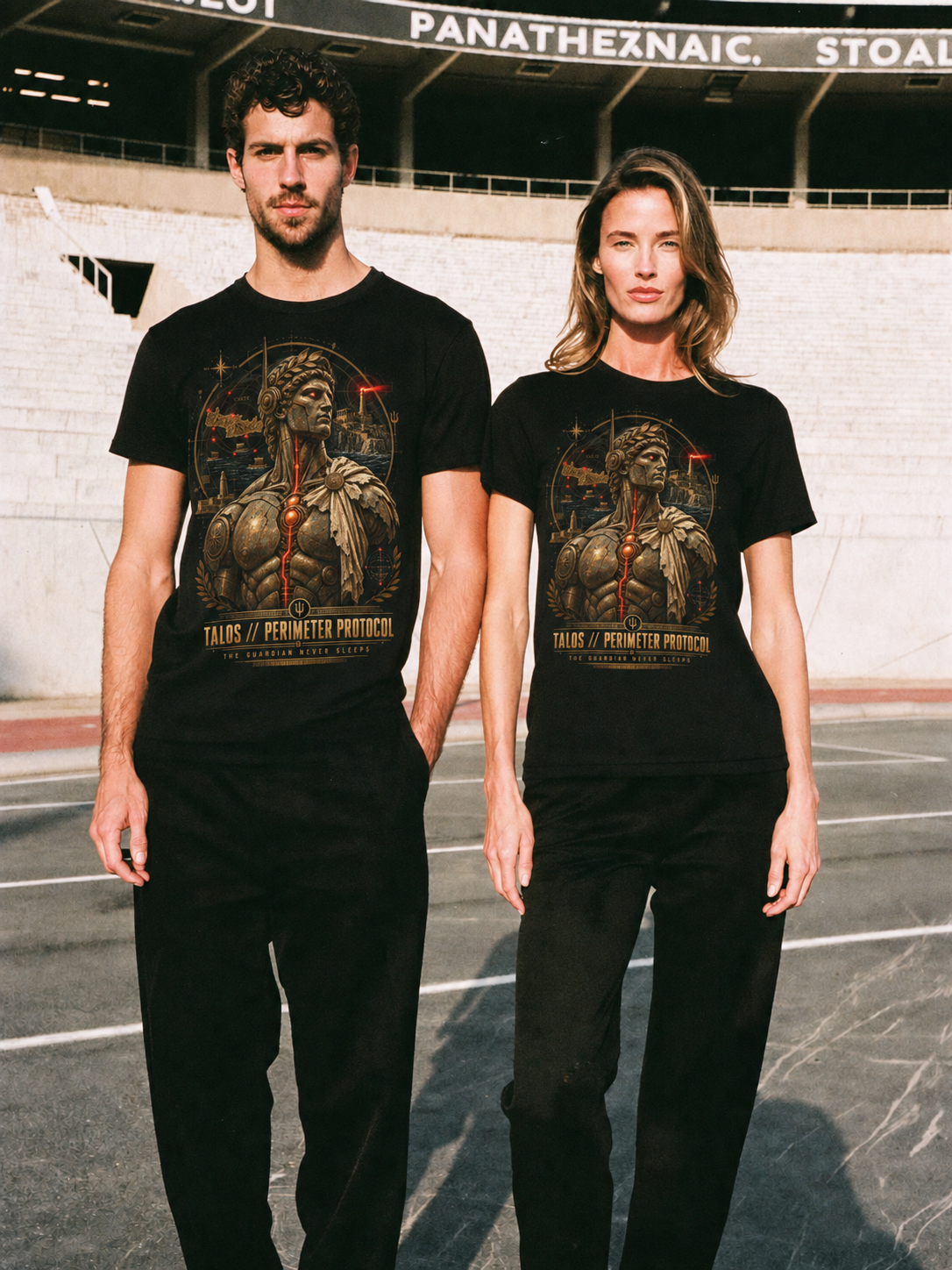 Talos Perimeter Protocol black T-shirt — couple Athens lifestyle shot 06