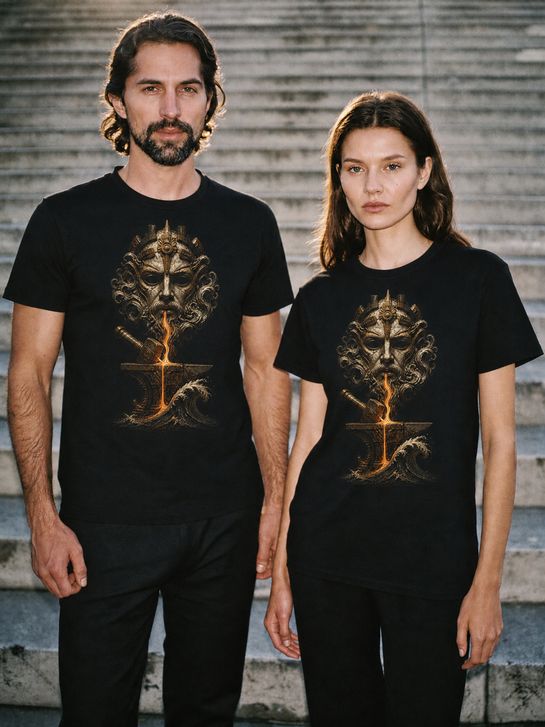 Telchines Abyssal Forge black T-shirt — couple Athens lifestyle shot 06