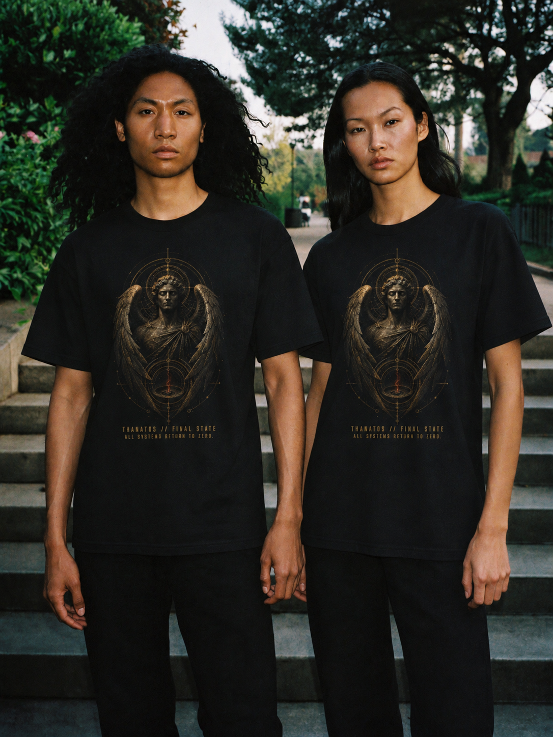 Thanatos Final State black T-shirt — couple Athens lifestyle shot 06