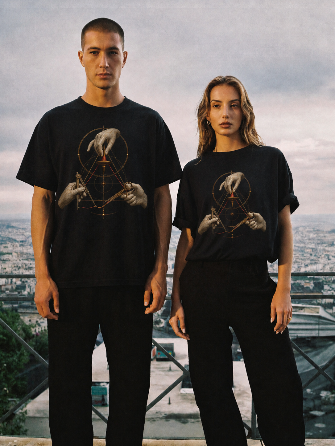 The Three Threads black T-shirt — couple Athens lifestyle shot 06