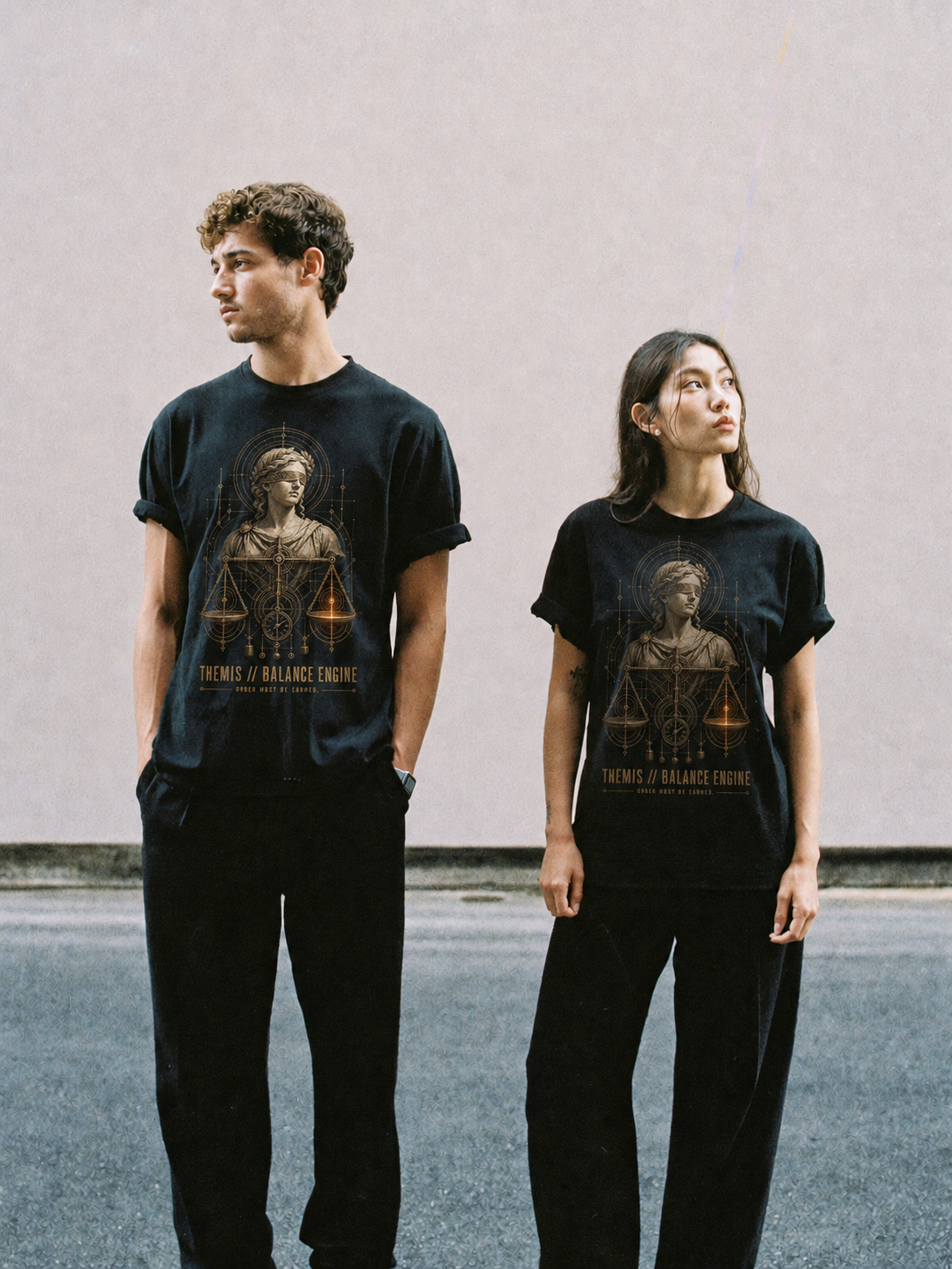 Themis Balance Engine black T-shirt — couple Athens lifestyle shot 06