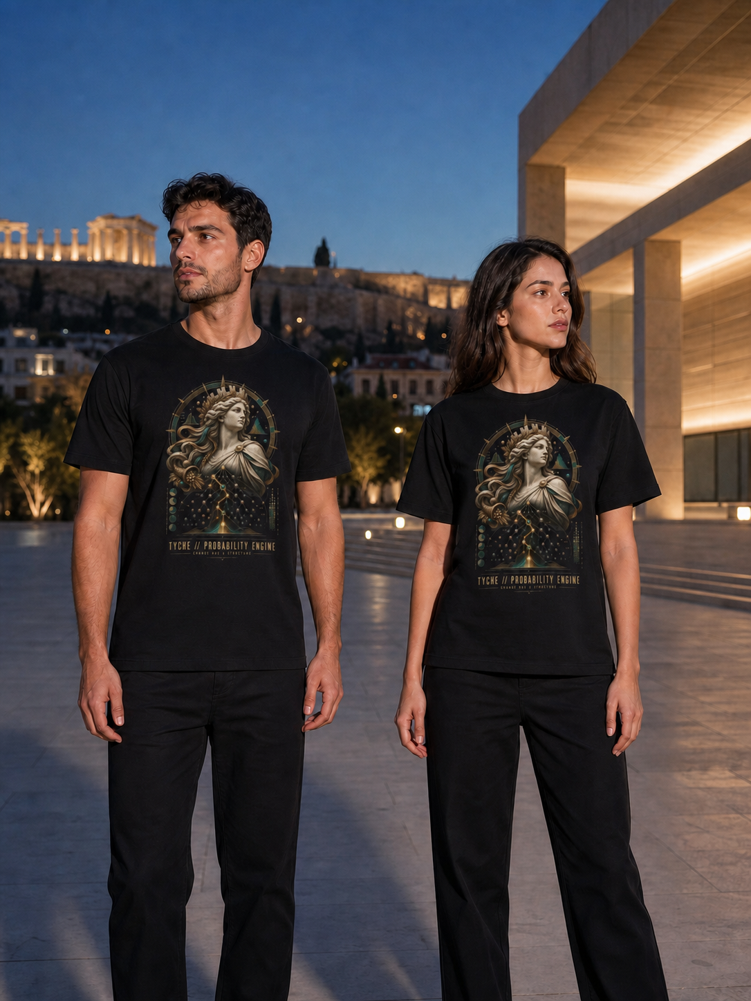 Tyche Probability Engine black T-shirt — couple Athens lifestyle shot 06