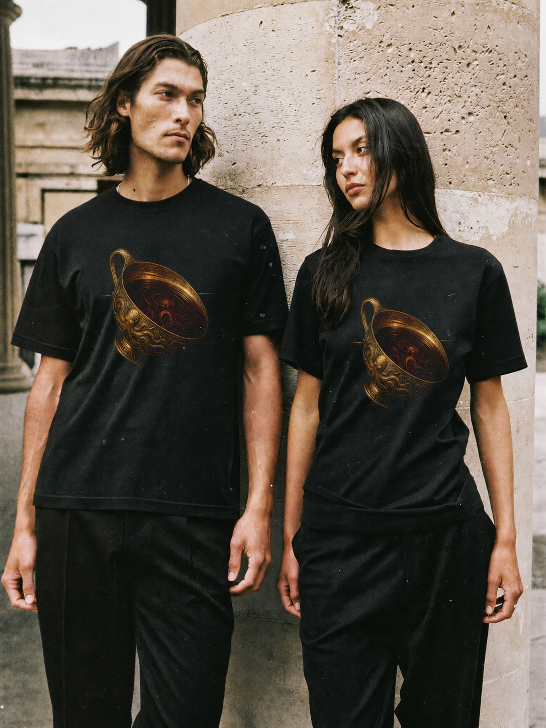 Wine-Dark Sea Cup T-Shirt — couple lifestyle scene 2 in Athens