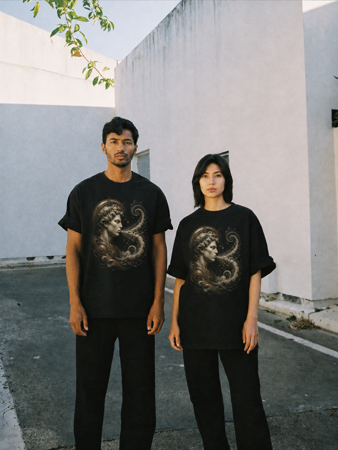 Zephyrus Spring Spiral black T-shirt — couple Athens lifestyle shot 06