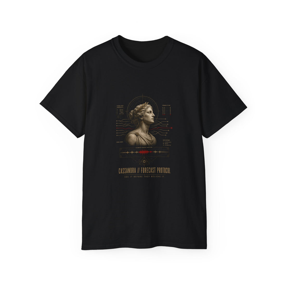 Cassandra Forecast Protocol T-Shirt — Printify front view