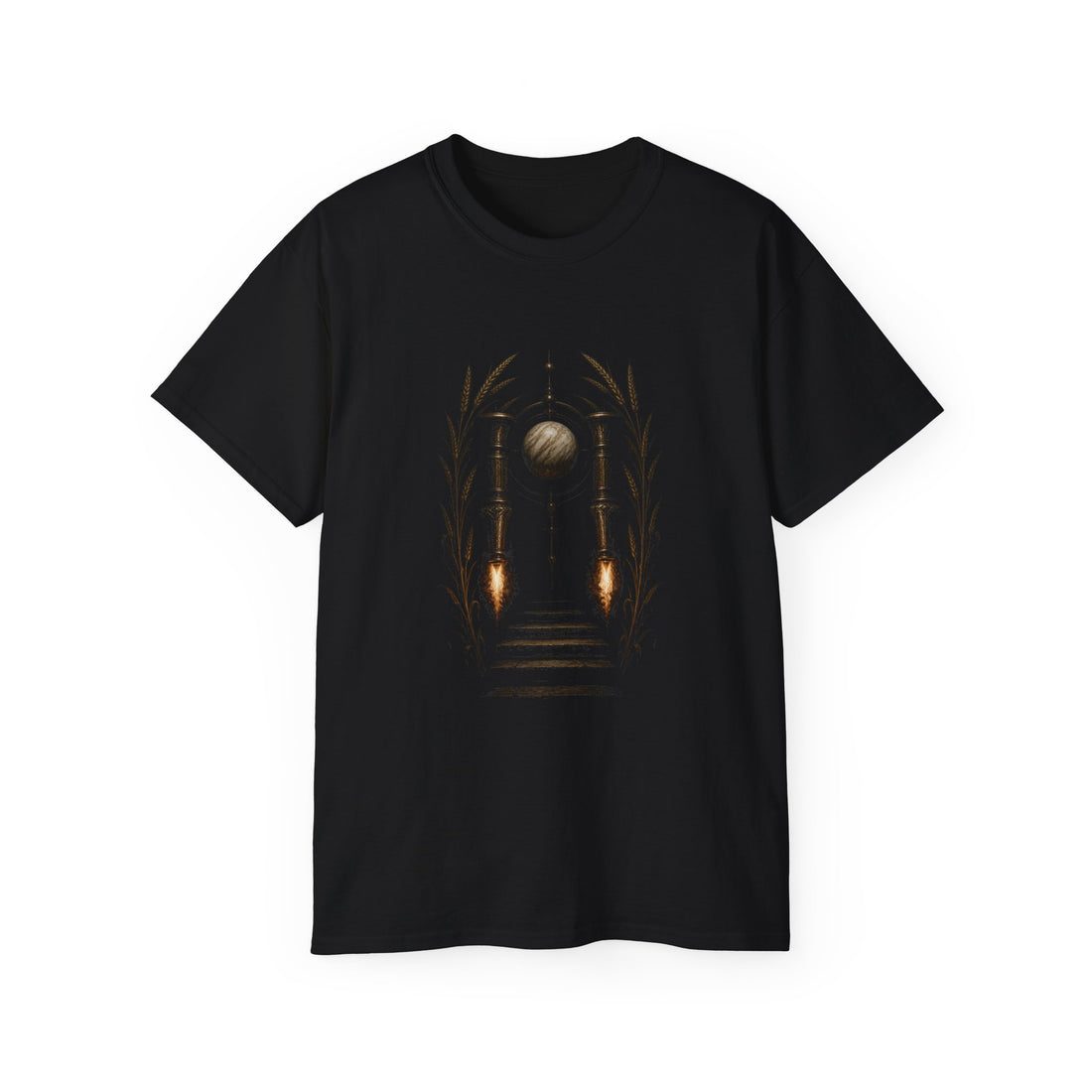 Eleusinian Torch Descent T-Shirt — Printify front view