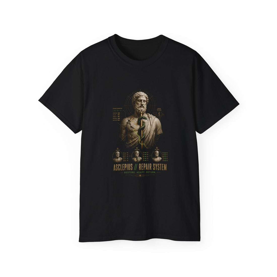 Asclepius Repair System T-Shirt — Printify front view