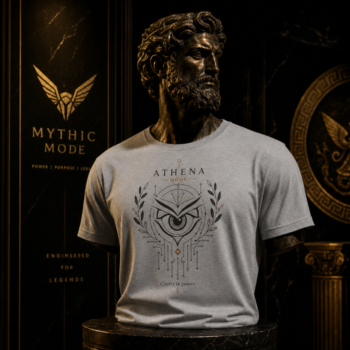 Athena Mode T-shirt worn by a classical statue — Mythic Mode