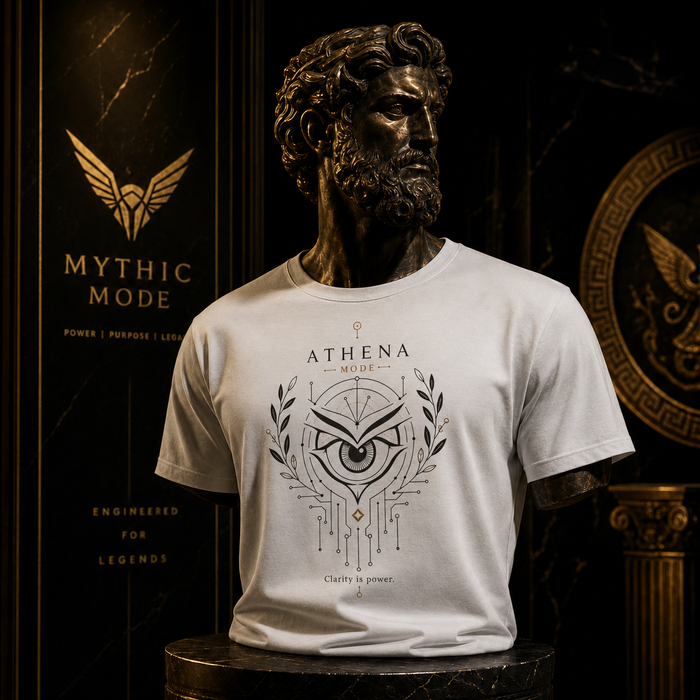 Athena Mode T-shirt worn by a classical statue in White — Mythic Mode