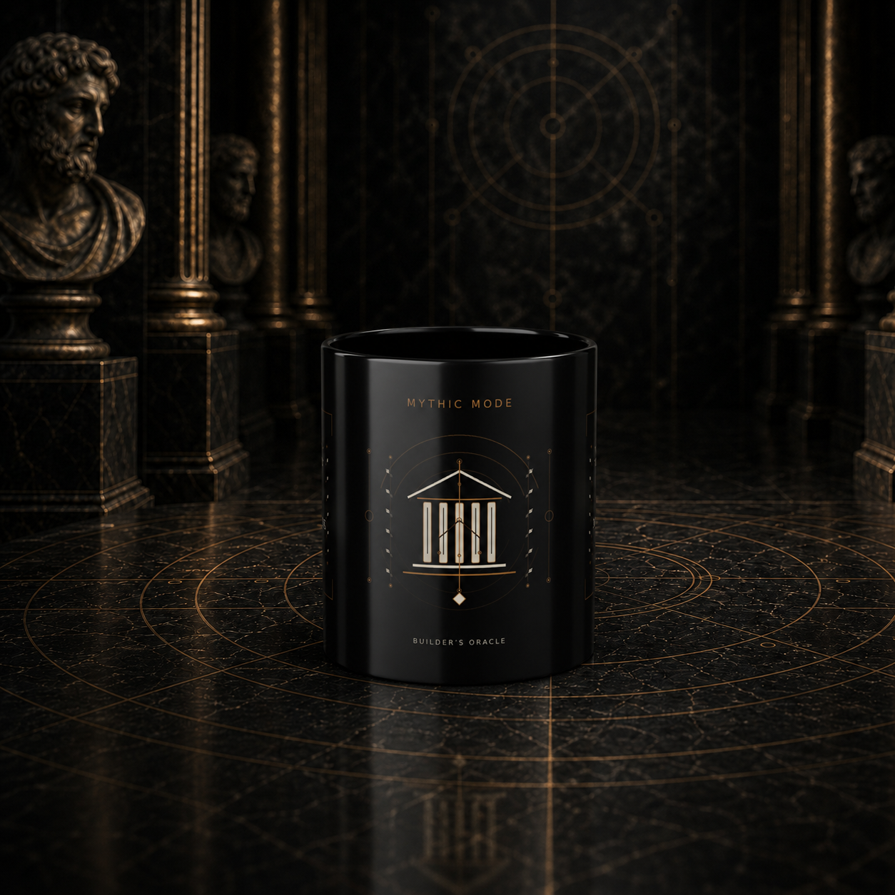 Mythic Mode Builders Oracle black coffee cup front view