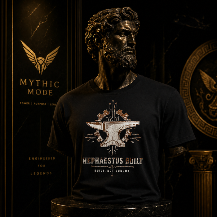 Hephaestus Built T-shirt worn by a classical statue — Mythic Mode