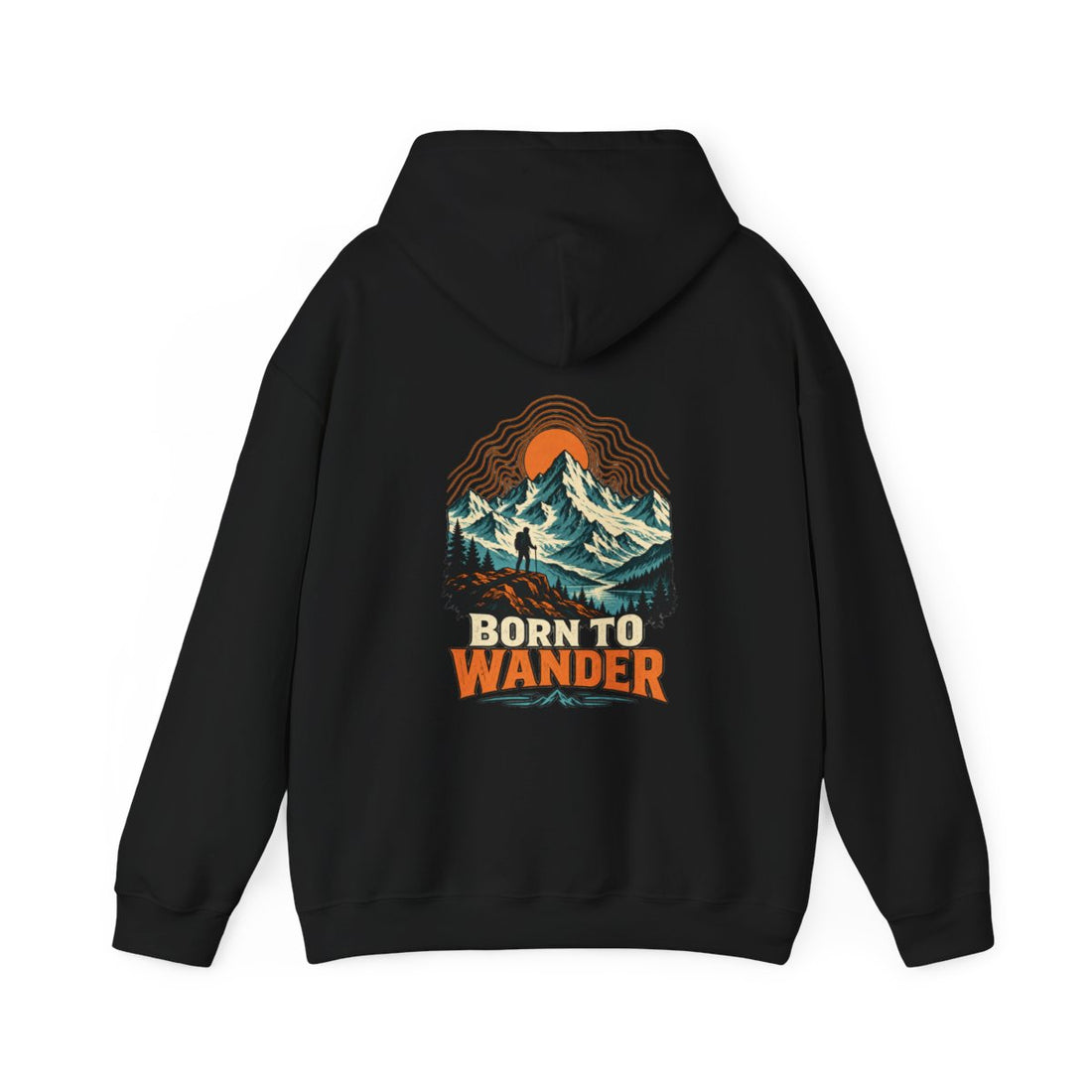 BORN TO WANDER — Black Gildan 18500 hoodie, back, provider mockup