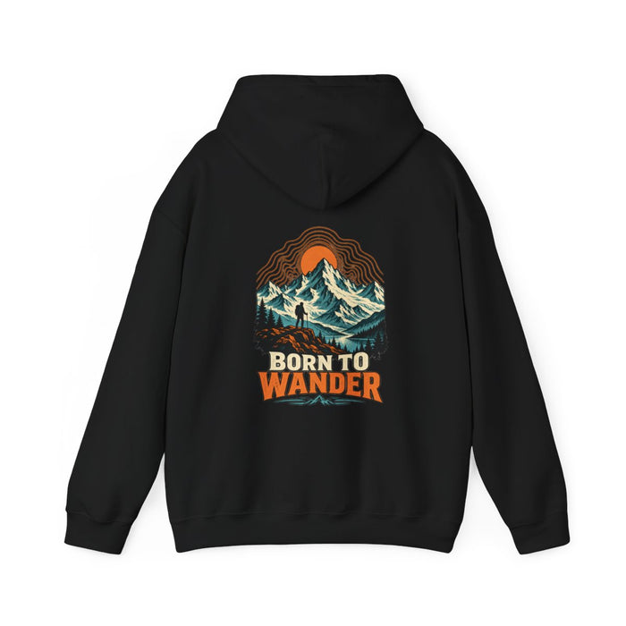 BORN TO WANDER — Black Gildan 18500 hoodie, back, provider mockup