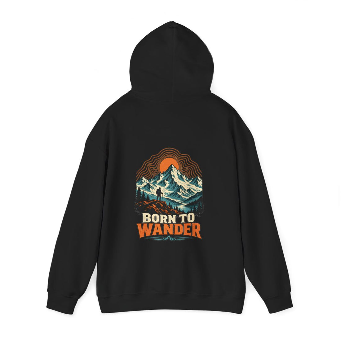 BORN TO WANDER — Black Gildan 18500 hoodie, back hood up, provider mockup
