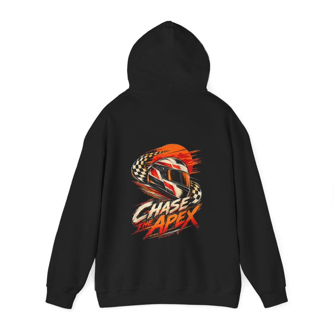 CHASE THE APEX — Black Gildan 18500 hoodie, back hood up, provider mockup