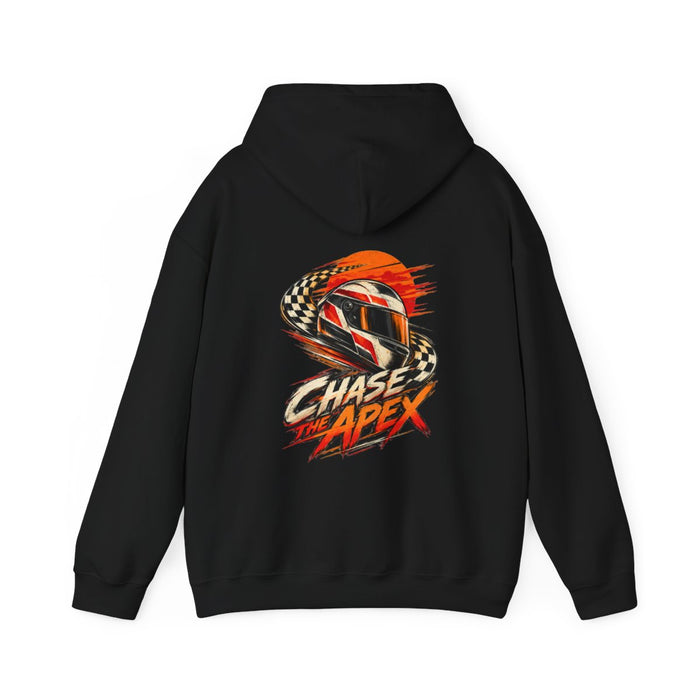 CHASE THE APEX — Black Gildan 18500 hoodie, back, provider mockup